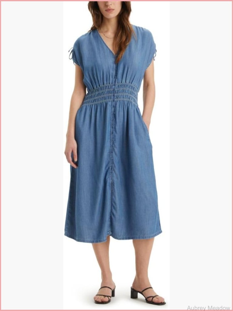 Cap Sleeve V-Neck A-Line Midi Dress With Button Details